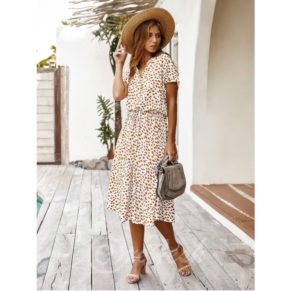 Spotted Print Drawstring Waist Shirt Dress Midi - Picture 3 of 11